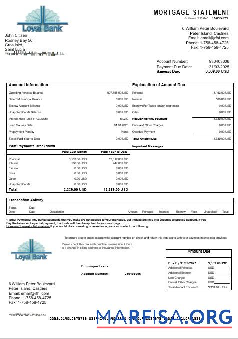 Printable Saint Lucia Loyal bank mortgage statement in Word and PDF formats example